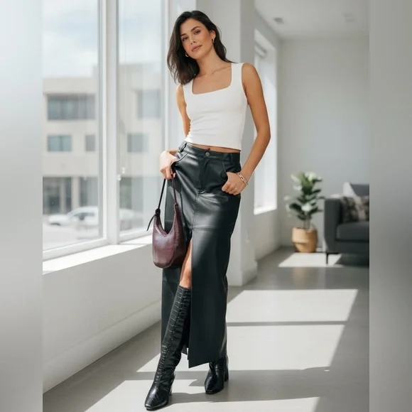 Reformation | Skirts | Reformation X Veda Tazz Slit Front Leather Maxi Dress  Size 4p | Poshmark